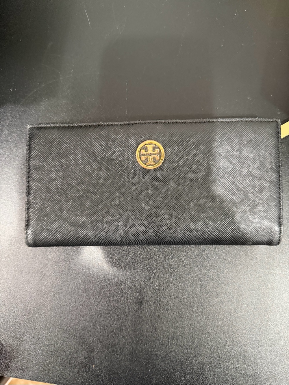 Tory Burch Black Leather Continental Wallet with Gold Zipper Detail